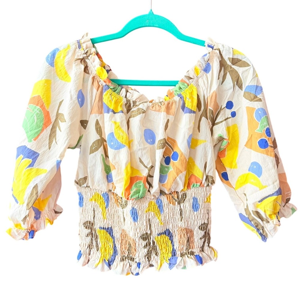 Lush Abstract‎ Fruit Print Smocked Off Shoulder Crop Top Multicolor Small